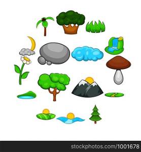 Landscape icons in cartoon style. Nature set collection isolated vector illustration. Landscape icons set, cartoon style