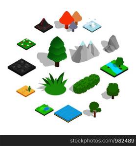 Landscape icons set in isometric 3d style isolated on white background. Landscape icons set, isometric 3d style