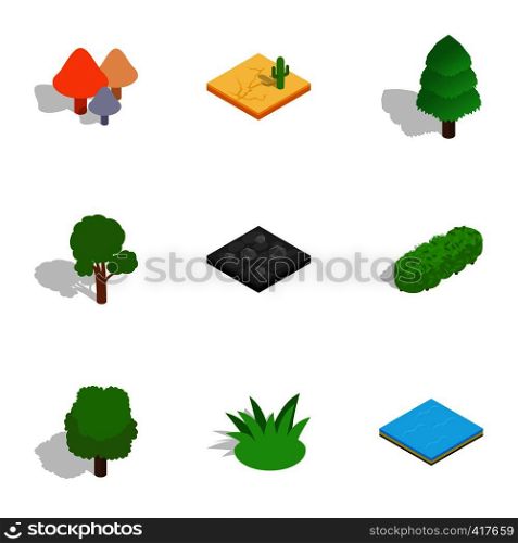 Landscape icons set. Isometric 3d illustration of 9 landscape vector icons for web. Landscape icons set, isometric 3d style