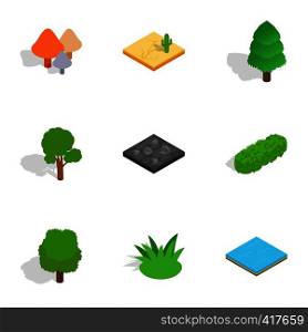 Landscape icons set. Isometric 3d illustration of 9 landscape vector icons for web. Landscape icons set, isometric 3d style