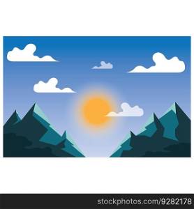 landscape illustration natural scenery background with hills,sky,moon,clouds,sun pine lake