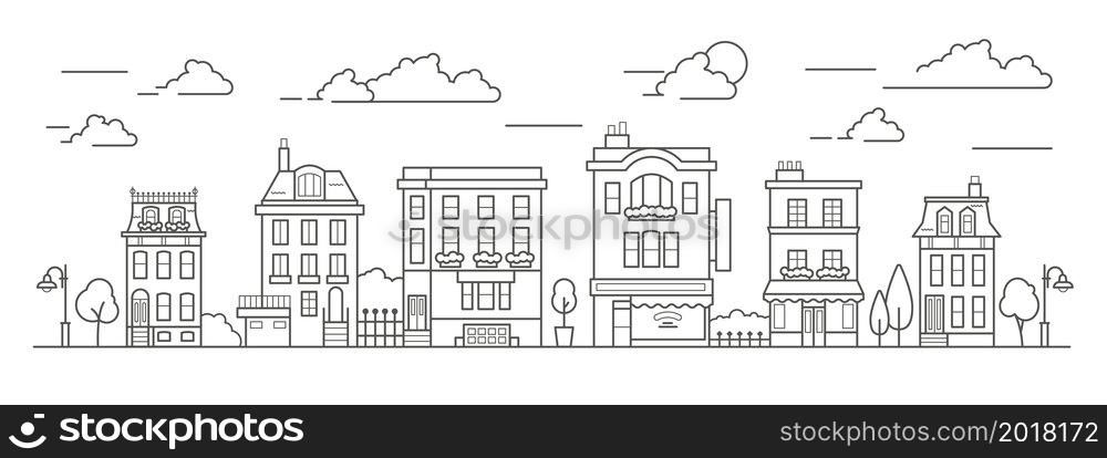 Landscape in line art style. Outline street with houses, building, tree and clouds. Cafe, pharmacy, hotel and bus stop. Vector illustration. Landscape in line art style. Outline street with houses, building, tree and clouds. Cafe, pharmacy, hotel and bus stop. Vector
