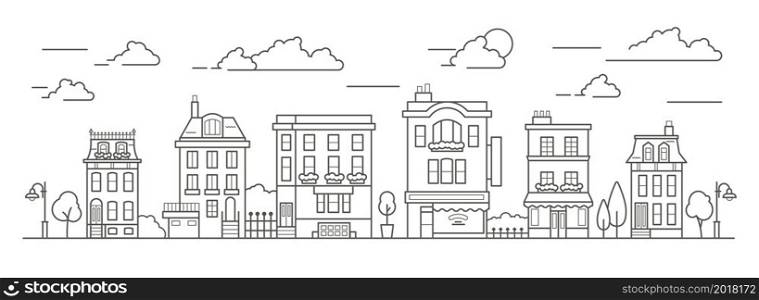 Landscape in line art style. Outline street with houses, building, tree and clouds. Cafe, pharmacy, hotel and bus stop. Vector illustration. Landscape in line art style. Outline street with houses, building, tree and clouds. Cafe, pharmacy, hotel and bus stop. Vector