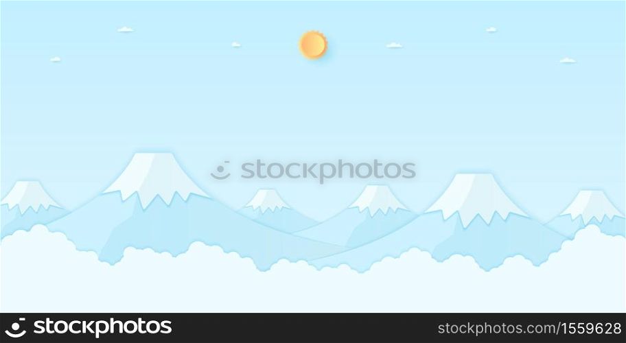 Landscape in mountains with bright sun and blue sky, paper art style