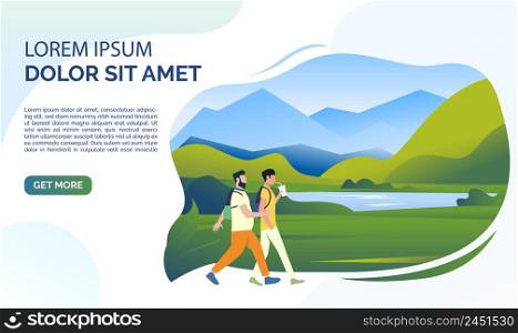 Landscape, mountain lake, meadow, people and sample text. Tourism, travel, holiday concept, presentation slide template. Can be used for topics like nature, vacation, summer. Landscape, mountain lake, meadow, people and sample text