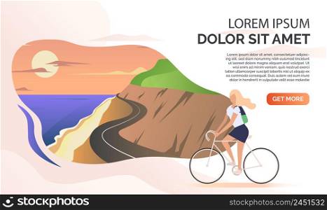 Landscape, mountain road, ocean, woman riding bike, sample text. Tourism, travel, holiday concept, presentation slide template. Can be used for topics like nature, vacation, summer. Landscape, mountain road, ocean, woman riding bike, sample text