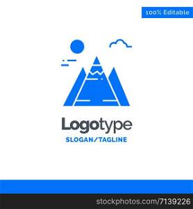 Landscape, Mountain, Sun Blue Solid Logo Template. Place for Tagline
