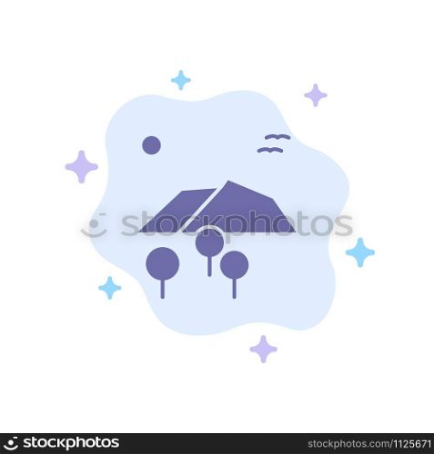 Landscape, Mountain, Tree, Birds Blue Icon on Abstract Cloud Background