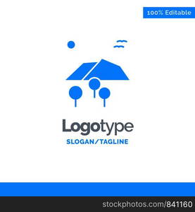 Landscape, Mountain, Tree, Birds Blue Solid Logo Template. Place for Tagline