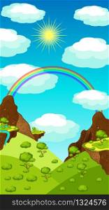 Landscape, mountains and canyon, rocks, meadows, plants. Daytime sky with sun, clouds and rainbow. Vector Illustration of a cartoon summer or spring season country landscape. Vertical layout.. Landscape, mountains and canyon, rocks, meadows, plants. Daytime sky with sun and clouds. Vector illustration