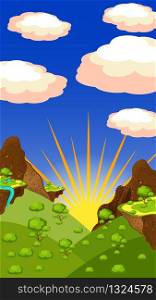 Landscape, mountains and canyon, rocks, meadows, plants. Evening time, sunset, sky with sun, clouds. Vector Illustration of a cartoon summer or spring season country landscape. Vertical layout.. Landscape, mountains and canyon, rocks, meadows, plants. Evening time, sunset, sky with sun, clouds. Vector Illustration