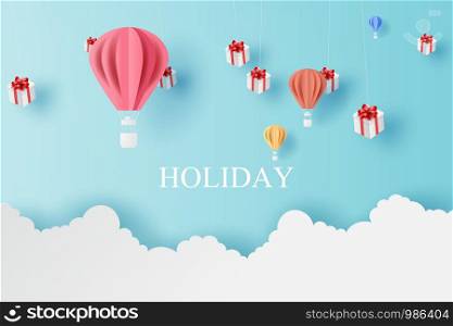 Landscape of balloons colorful fly and Mobile hanging gift box with Cloud on blue sky.Holiday and festival season concept.Creative paper cut and craft style scene for your text.vector illustration.