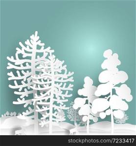 Landscape of forest concept tree on green background and snow on mountain with deer. Merry Christmas and Happy New Year, paper art and crafts. Used for magazine, greeting card, vector illustration.