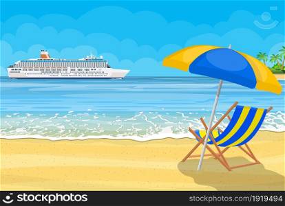 Landscape of islands and beach. Cruise liner ship. Day in tropical place. Vector illustration in flat style. Landscape of wooden chaise lounge,