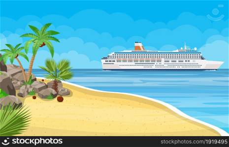 Landscape of islands and beach. Cruise liner ship. Sun with reflection in water and clouds. Day in tropical place. Vector illustration in flat style. Landscape of islands and beach.