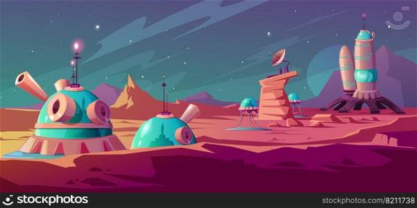 Landscape of Mars surface with colony buildings. Astronaut base on red planet. Vector cartoon futuristic illustration of space colonization, cosmos exploration concept. Space station in alien galaxy. Landscape of Mars surface with colony buildings