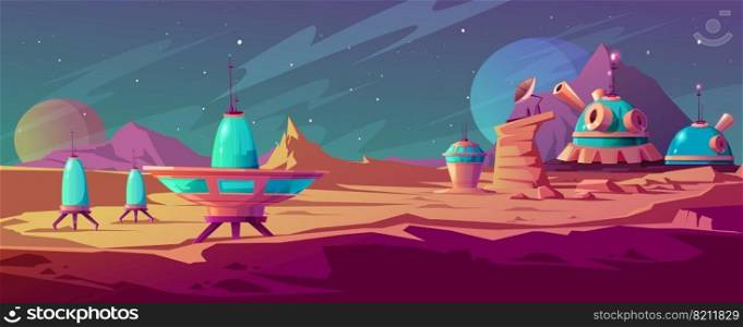Landscape of Mars surface with colony buildings. Astronaut base on red planet. Vector cartoon futuristic illustration of space colonization, cosmos exploration concept. Space station in alien galaxy. Landscape of Mars surface with colony buildings
