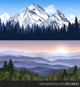 Landscape Of Mountains Banners. Banners set of landscape with winter mountains and forest mountains with sunrise haze vector illustration