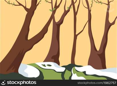 Landscape of spring forest or woods with reviving nature and melting snow. Thaw in park and foliage on trees, countryside or rural area. Springtime and environment change. Vector in flat style. Spring forest with melting snow and blooming tree