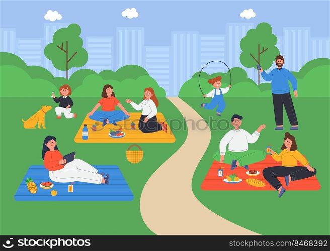 Landscape of summer city park with happy people on picnic. Families with children spending time in nature flat vector illustration. Outdoor activity, leisure concept for banner, website design