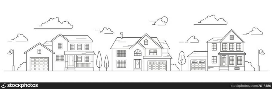 Landscape of the neighborhoods of the city, the houses of the suburbs residential area. A number of low-rise buildings of the village. Outline vector illustration. Landscape of the neighborhoods of the city, the houses of the suburbs residential area. A number of low-rise buildings of the village. Outline vector illustration.