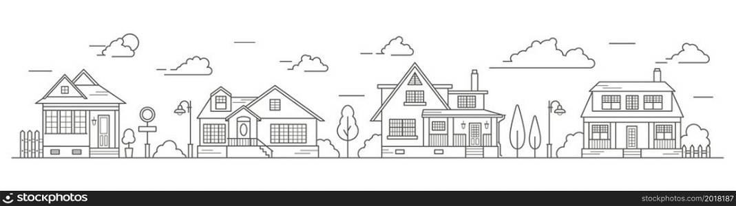 Landscape of the neighborhoods of the city, the houses of the suburbs residential area. A number of low-rise buildings of the village. Outline vector illustration. Landscape of the neighborhoods of the city, the houses of the suburbs residential area. A number of low-rise buildings of the village. Outline vector illustration.