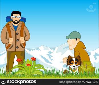 Landscape of the snow mountains and two travel on green glade. Two tourists and dog repose on nature