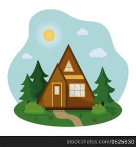 Landscape of triangle tiny house for comfort c&ing in forest. Eco friendly rest concept. Vector flat illustration.