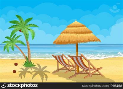 Landscape of wooden chaise lounge, palm tree on beach. Umbrella. Day in tropical place. Vector illustration in flat style. Landscape of wooden chaise lounge,