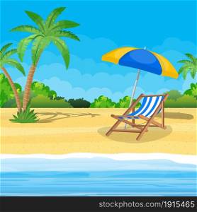 Landscape of wooden chaise lounge, palm tree on beach. Umbrella. Day in tropical place. Vector illustration in flat style. Landscape of wooden chaise lounge,