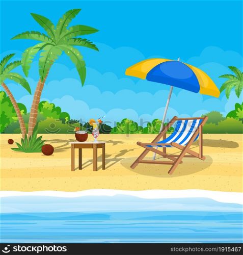 Landscape of wooden chaise lounge, palm tree on beach. Umbrella Day in tropical place. Vector illustration in flat style. Landscape of wooden chaise lounge,