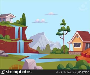 Landscape outdoor background with flowing waterfalls on mountains horizon. Vector cartoon houses and trees. Illustration of landscape tree and scene river. Landscape outdoor background with flowing waterfalls on mountains horizon. Vector cartoon houses and trees