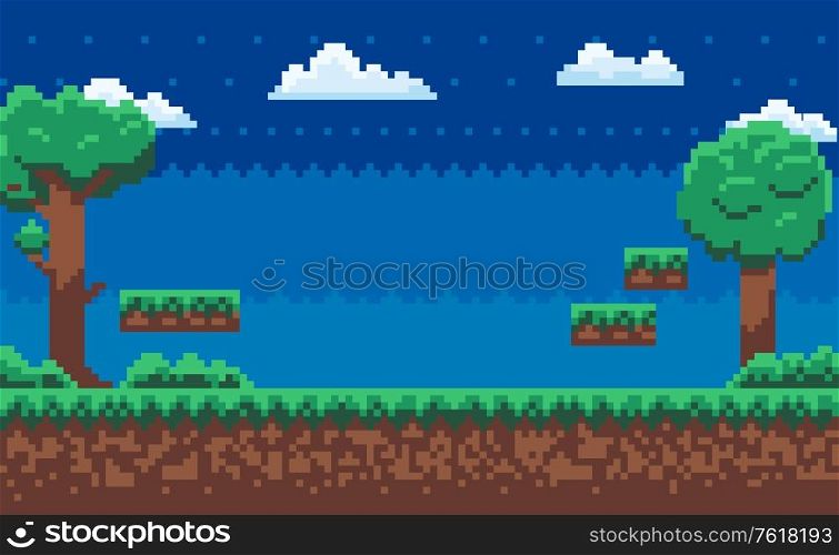 Landscape page of pixel game, green trees and bushes, cloudy sky, underground and grass, road with steps, adventure platform, nobody poster vector, pixelated nature for mobile app games. Adventure Map, Pixel Game, Green Nature Vector