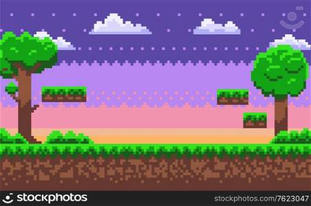 Landscape page of pixel game, green trees and bushes, cloudy sky, underground and grass, road with steps, adventure platform, nobody poster vector, pixelated nature for mobile app games. Adventure Map, Pixel Game, Green Nature Vector