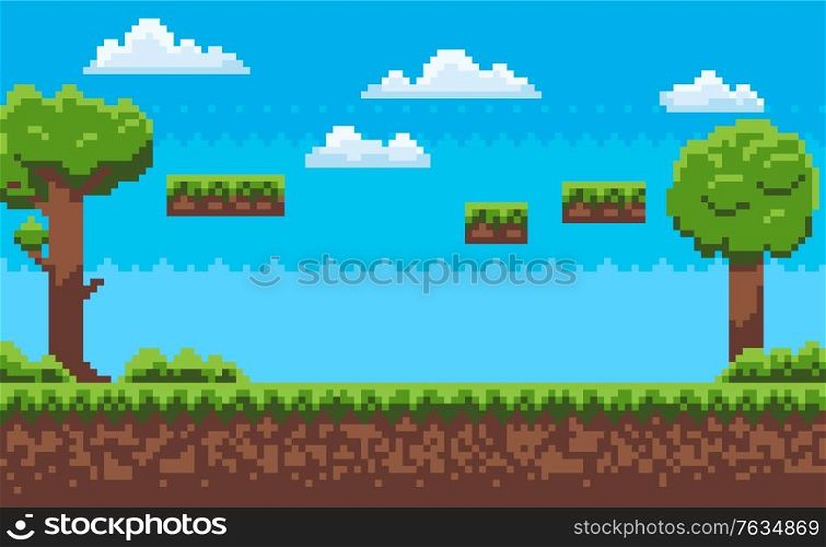 Landscape page of pixel game, green trees and bushes, cloudy sky, underground and grass, road with steps, adventure platform, nobody poster vector. Pixeleted background for video-game or app 8bit game. Adventure Map, Pixel Game, Green Nature Vector