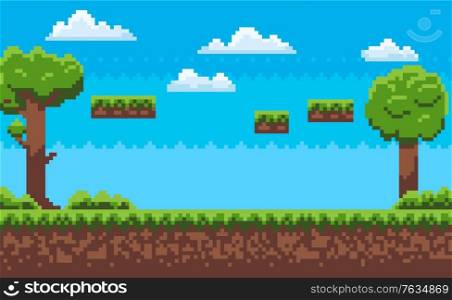 Landscape page of pixel game, green trees and bushes, cloudy sky, underground and grass, road with steps, adventure platform, nobody poster vector. Pixeleted background for video-game or app 8bit game. Adventure Map, Pixel Game, Green Nature Vector