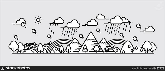 Landscape panorama view fresh air with rainbow and cloudy vector illustration line art.