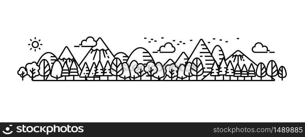 Landscape panorama view of natural, environment. Mountain and forest. Line vector.