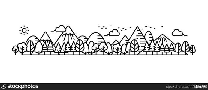 Landscape panorama view of natural, environment. Mountain and forest. Line vector.