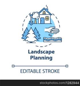 Landscape planning concept icon. Agriculture and architecture. Real estate building. Outdoor landmark. Land use idea thin line illustration. Vector isolated outline RGB color drawing. Editable stroke