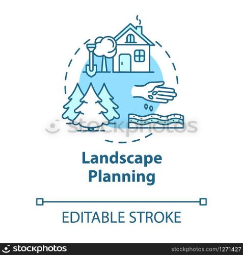 Landscape planning concept icon. Engineering opportunity. Real estate building. Outdoor landmark. Land use idea thin line illustration. Vector isolated outline RGB color drawing. Editable stroke
