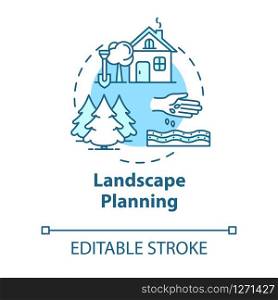 Landscape planning concept icon. Engineering opportunity. Real estate building. Outdoor landmark. Land use idea thin line illustration. Vector isolated outline RGB color drawing. Editable stroke