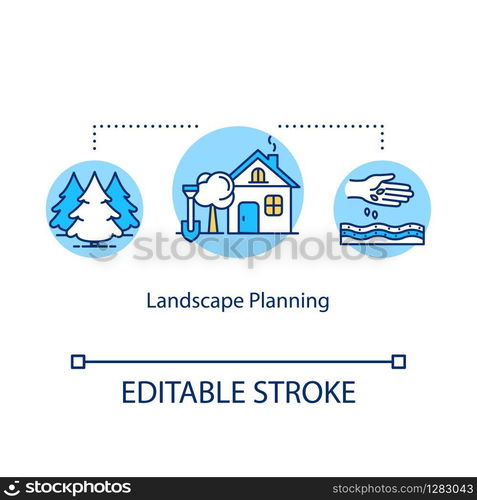 Landscape planning concept icon. Gardening and outdoor backyard works idea thin line illustration. Landscape architecture. Plants growing. Vector isolated outline RGB color drawing. Editable stroke