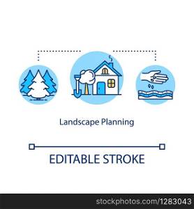 Landscape planning concept icon. Gardening and outdoor backyard works idea thin line illustration. Landscape architecture. Plants growing. Vector isolated outline RGB color drawing. Editable stroke