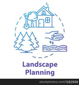 Landscape planning concept icon. Planting seeds. Agriculture and architecture. Real estate building. Outdoor landmark. Land use idea thin line illustration. Vector isolated outline RGB color drawing
