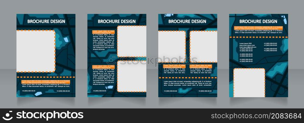 Landscape planning dark blank brochure design. City directions. Template set with copy space for text. Premade corporate reports collection. Editable 4 paper pages. Calibri, Arial fonts used. Landscape planning dark blank brochure design