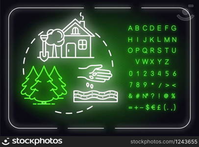Landscape planning neon light concept icon.Natural resources. Outdoor landmark. Land use idea. Outer glowing sign with alphabet, numbers and symbols. Vector isolated RGB color illustration