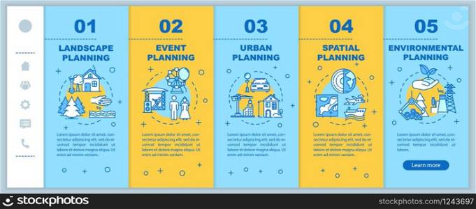 Landscape planning onboarding vector template. Engineering and architecture. International regions. Responsive mobile website with icons. Webpage walkthrough step screens. RGB color concept