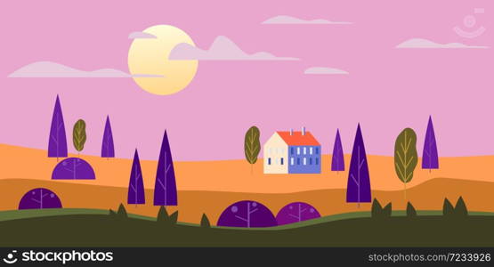 Landscape rural countryside scenery. Farm house, trees, panorama spring, summer season, sun sunset. Landscape rural countryside scenery. Farm house, trees, panorama summer, autumn season, sun, sunset. Minimal trendy geometric flat style, vector, illustration isolated