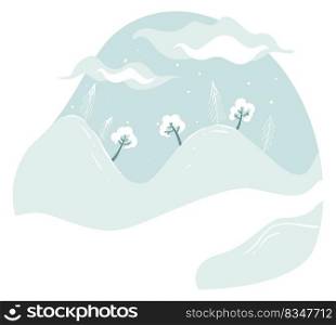 Landscape scenery of winter forest with pine trees and hills covered with snow. Scenic view of mountains slopes and plants, outdoors beauty in countryside or village field. Vector in flat style. Snowy weather in winter forest with pine trees